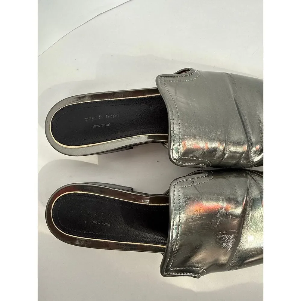 Rag & Bone Luis Silver Metallic Leather Mule Slides EU 37 US 7 Italy